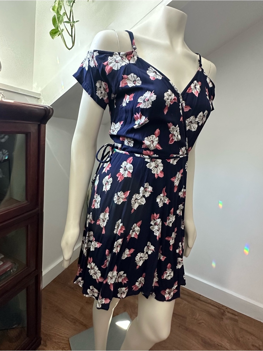 Angie Floral Navy Cold-Shoulder Lightweight Wrap Dress